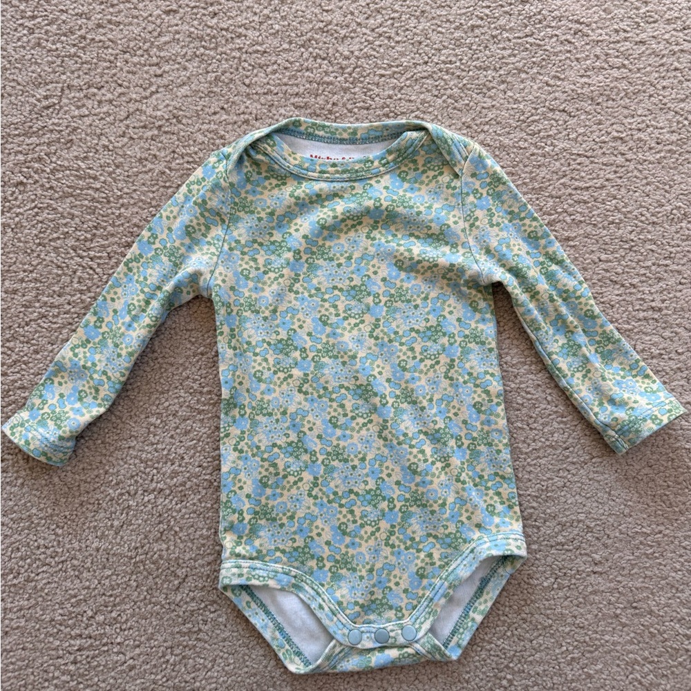 Misha & Puff Organic Pima Cotton Bodysuit Blue Green Floral 6-12 Months Girl